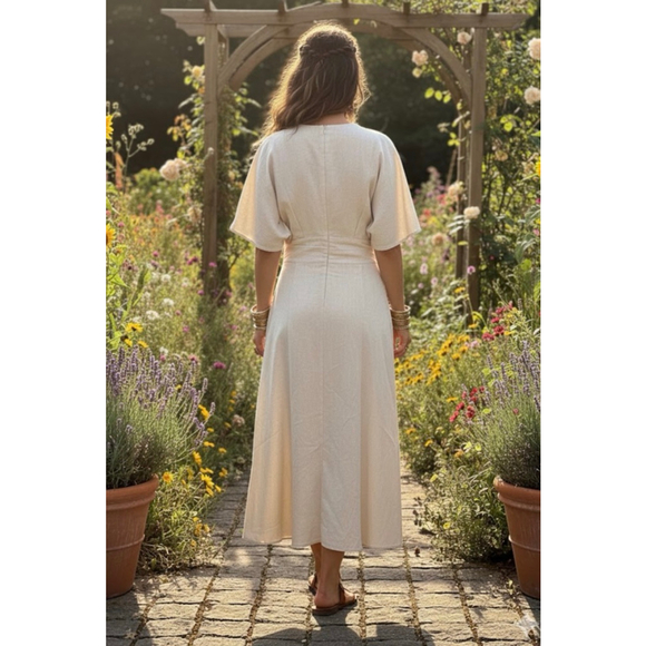 Cider Cream V Neck Flutter Sleeve Midi Dress Linen Blend Large - Picture 2 of 14